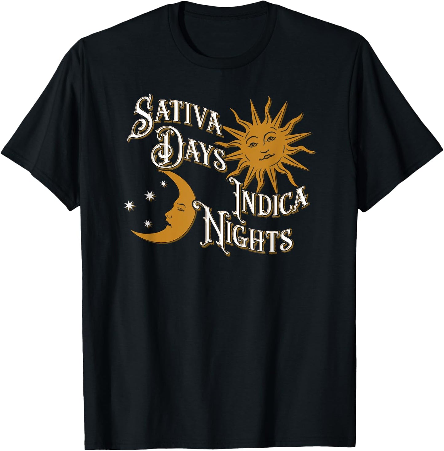 Vintage Sativa Days Indica Nights Sun Moon Cannabis 420 T-Shirt - T-Shirt | Black