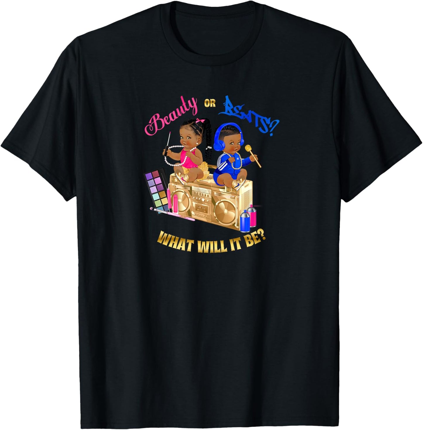 Beauty or Beats Baby Gender Reveal Royal Blue Hot Pink Gold T-Shirt - T-Shirt | Black