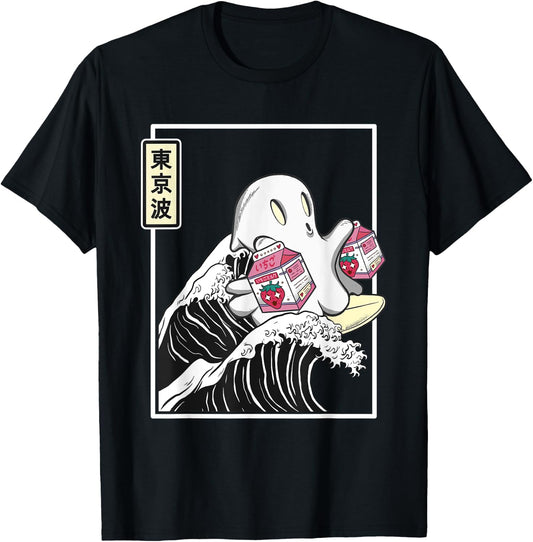 Happy Kawaii Ghost Strawberry Milk Surfing Kanagawa Wave T-Shirt - T-Shirt | Black