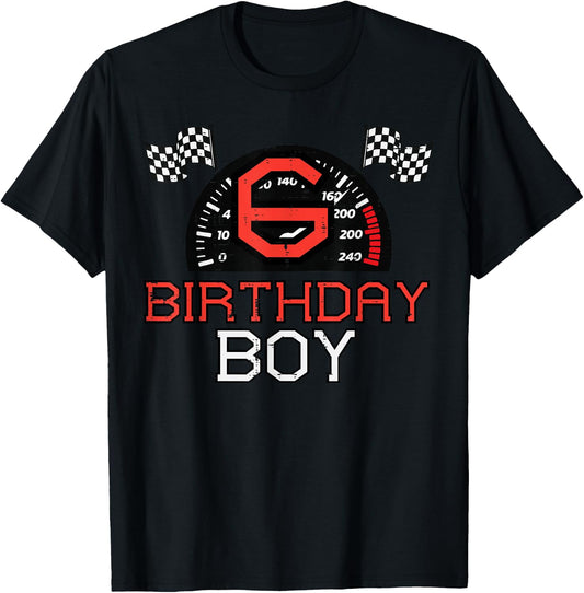 6 Birthday Boy Speedometer Race Flag 6th Bday Boys Kids T-Shirt - T-Shirt | Black