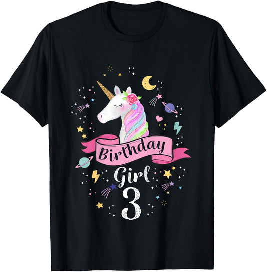 3 Year Old Girl Birthday Unicorn Shirt 3rd Birthday T-Shirt - T-Shirt | Black