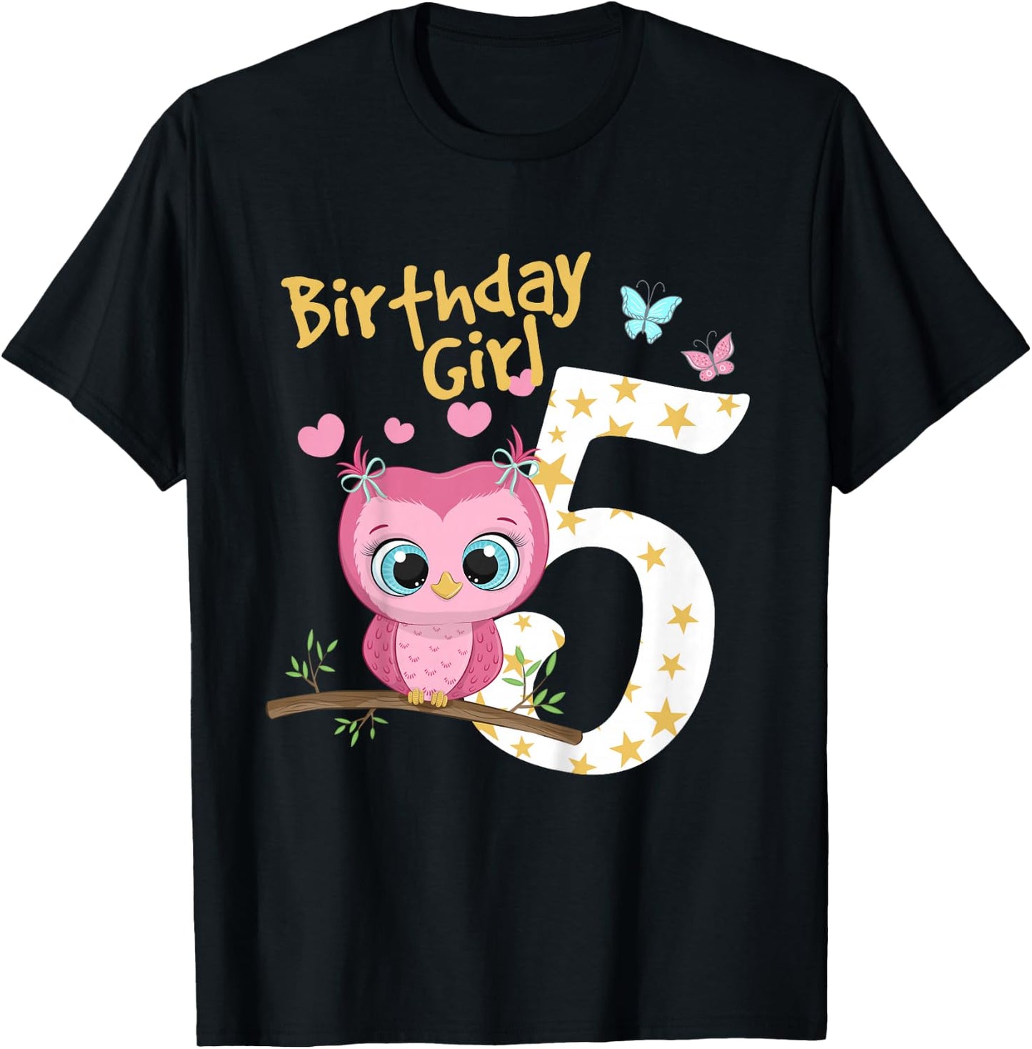 5th Birthday Shirt For Girls Owl Birthday Girl 5 Years T-Shirt - T-Shirt | Black