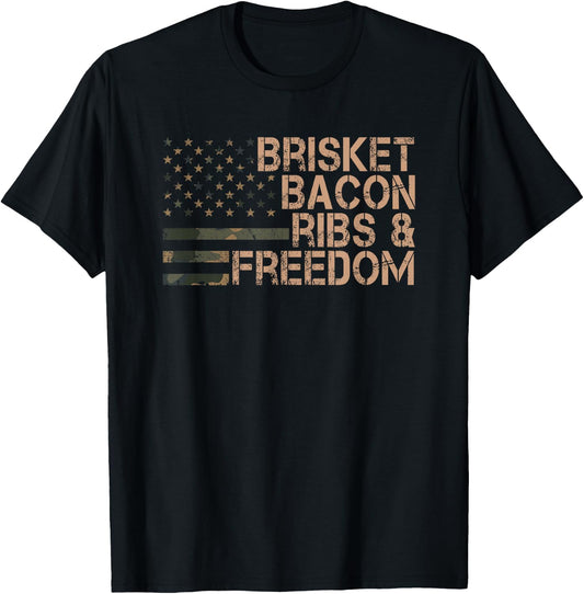 Brisket Bacon Ribs & Freedom Grill BBQ Funny Meat Smoking T-Shirt - T-Shirt | Black