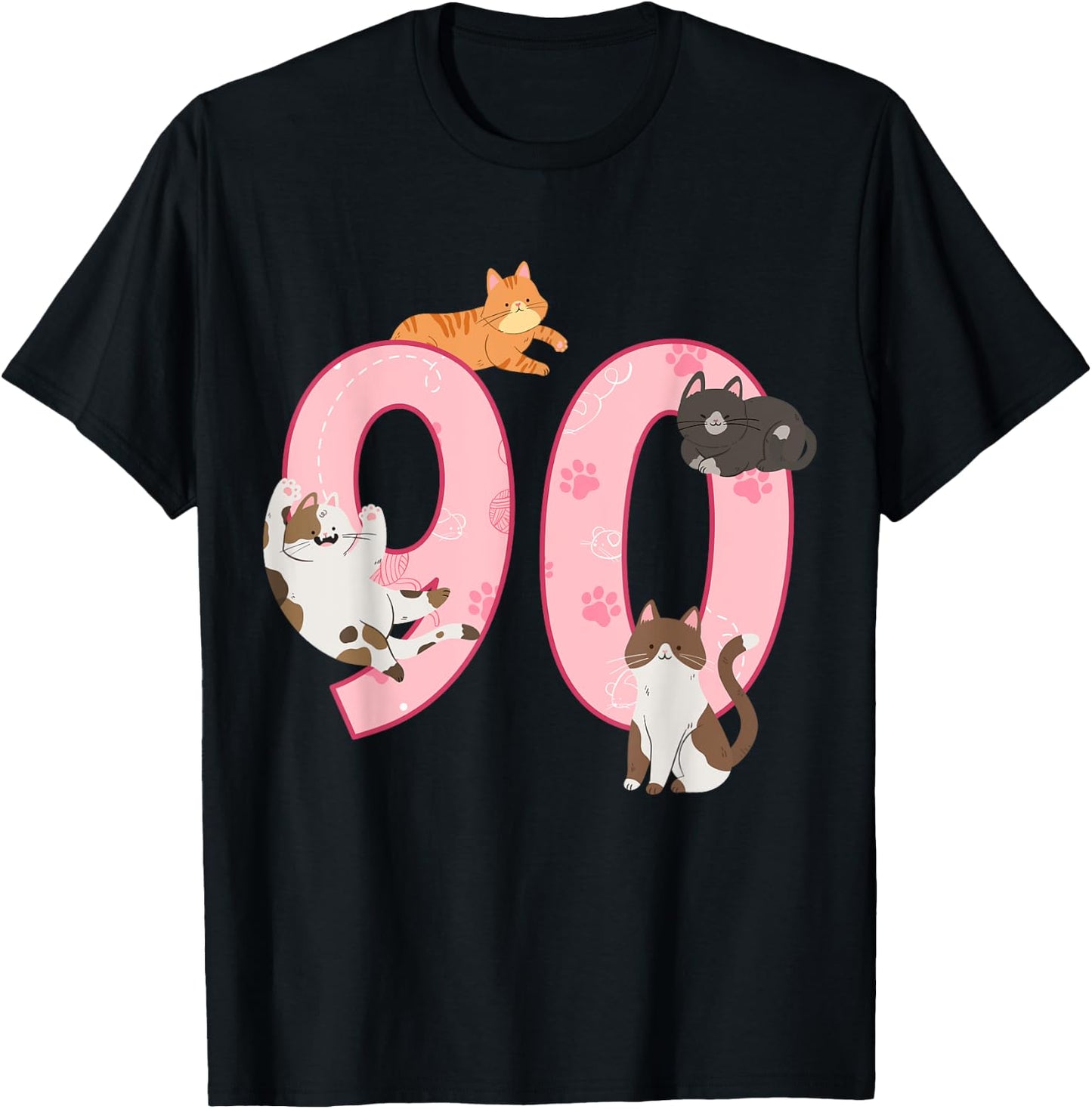 90th Birthday Girl Cat Theme 90 Year Old B-Day Party T-Shirt - T-Shirt | Black
