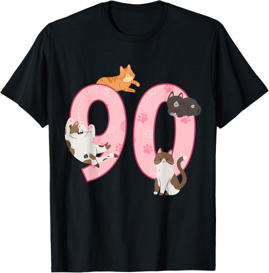 90th Birthday Girl Cat Theme 90 Year Old B-Day Party T-Shirt - T-Shirt | Black