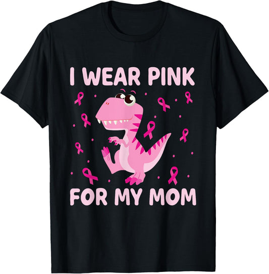I Wear Pink For My Mom Dinosaur Breast Cancer Kids Boys T-Shirt - T-Shirt | Black