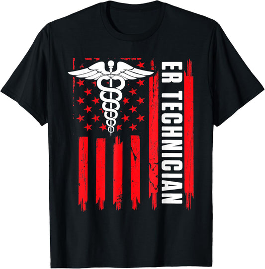 ER Technician Brain Emergency Room Tech American Flag Women Men T-Shirt - T-Shirt | Black