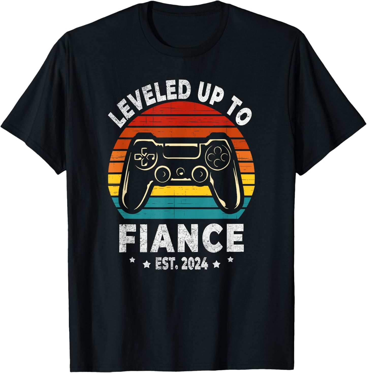 Leveled Up To Fiance 2024 Retro Newly Engaged Men's Black Small Retro Gaming Men T-Shirt - T-Shirt | Black