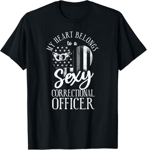 Correctional Officer Girl Girlfriend Wife Heart USA Flag T-Shirt - T-Shirt | Black