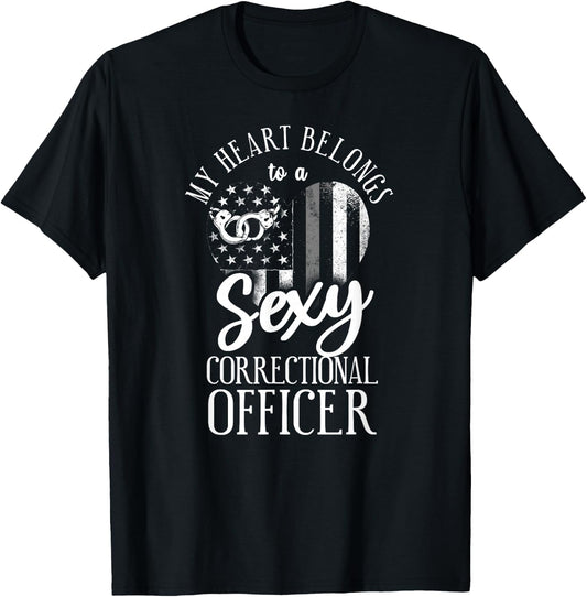 Correctional Officer Girl Girlfriend Wife Heart USA Flag T-Shirt - T-Shirt | Black