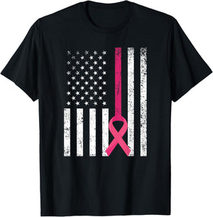 Breast Cancer Awareness Support Pink Ribbon American Flag T-Shirt - T-Shirt | Black