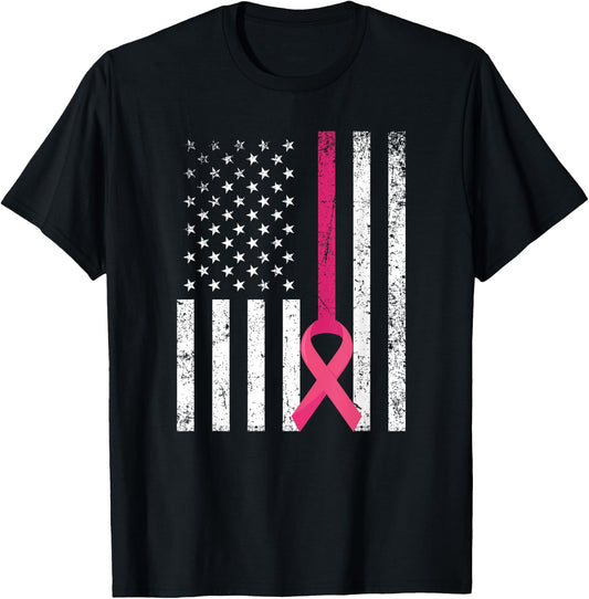 Breast Cancer Awareness Support Pink Ribbon American Flag T-Shirt - T-Shirt | Black