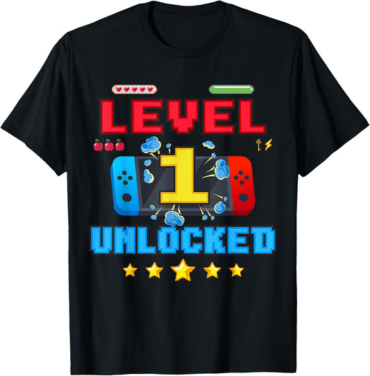 1 Years Old Birthday Boy Level Unlocked Video Gamer Funny T-Shirt - T-Shirt | Black