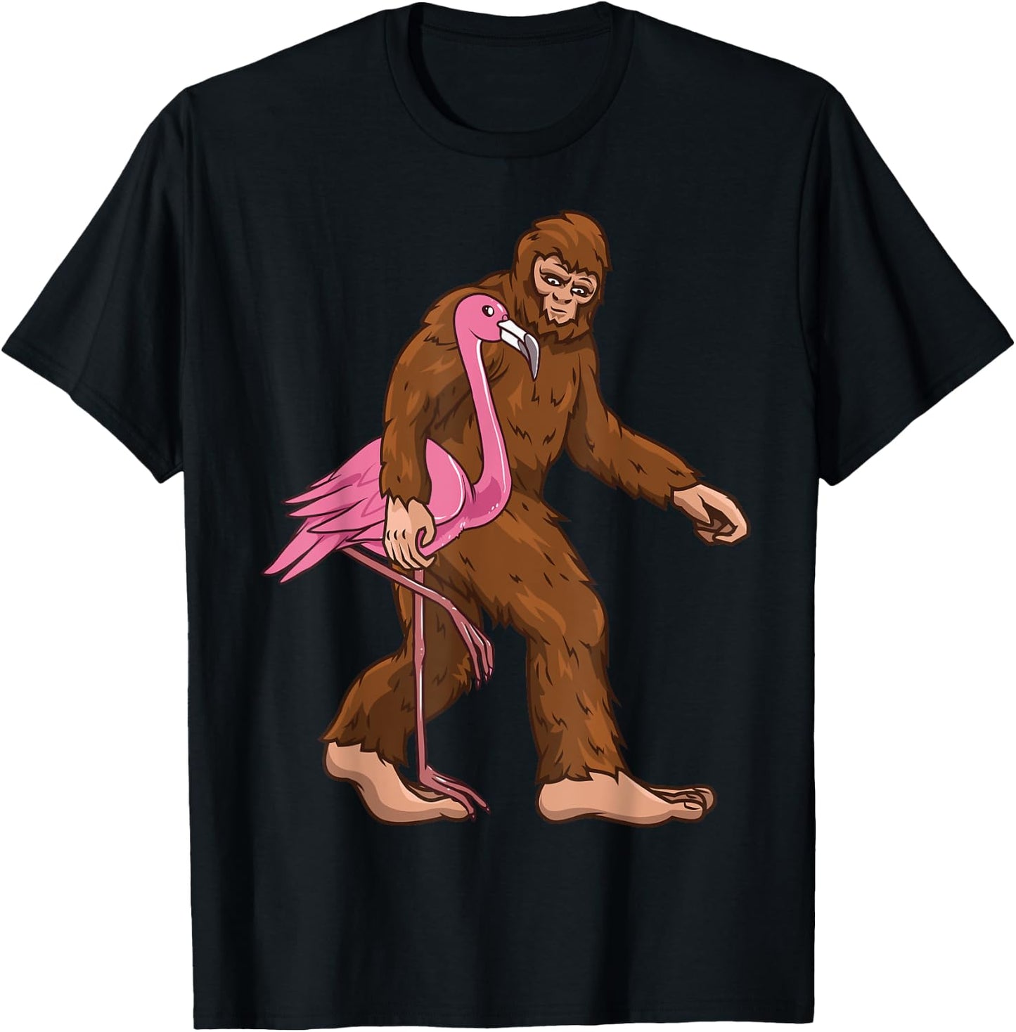 Bigfoot Flamingo Bird Sasquatch Men Women Funny T-Shirt - T-Shirt | Black