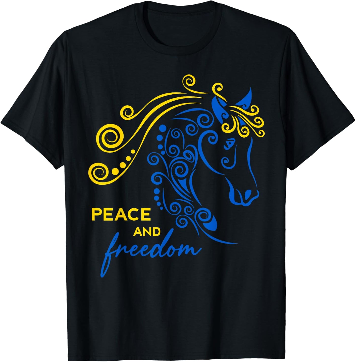 Ukraine Peace and Freedom Ukrainian Horse Flag Blue Yellow T-Shirt - T-Shirt | Black