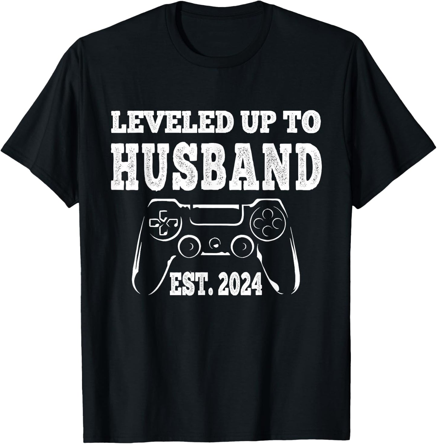 Leveled Up To Husband 2024 Newlywed Groom Just Married Gamer T-Shirt - T-Shirt | Black
