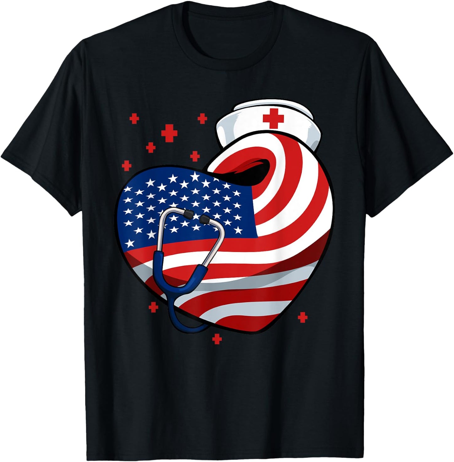 Patriotic Nurse 4th Of July American Flag Heart Stethoscope T-Shirt - T-Shirt | Black