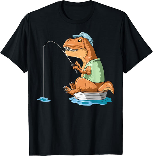 Dinosaur Fishing T-Rex Fisherman Boat Camping Fishing Lovers T-Shirt - T-Shirt | Black