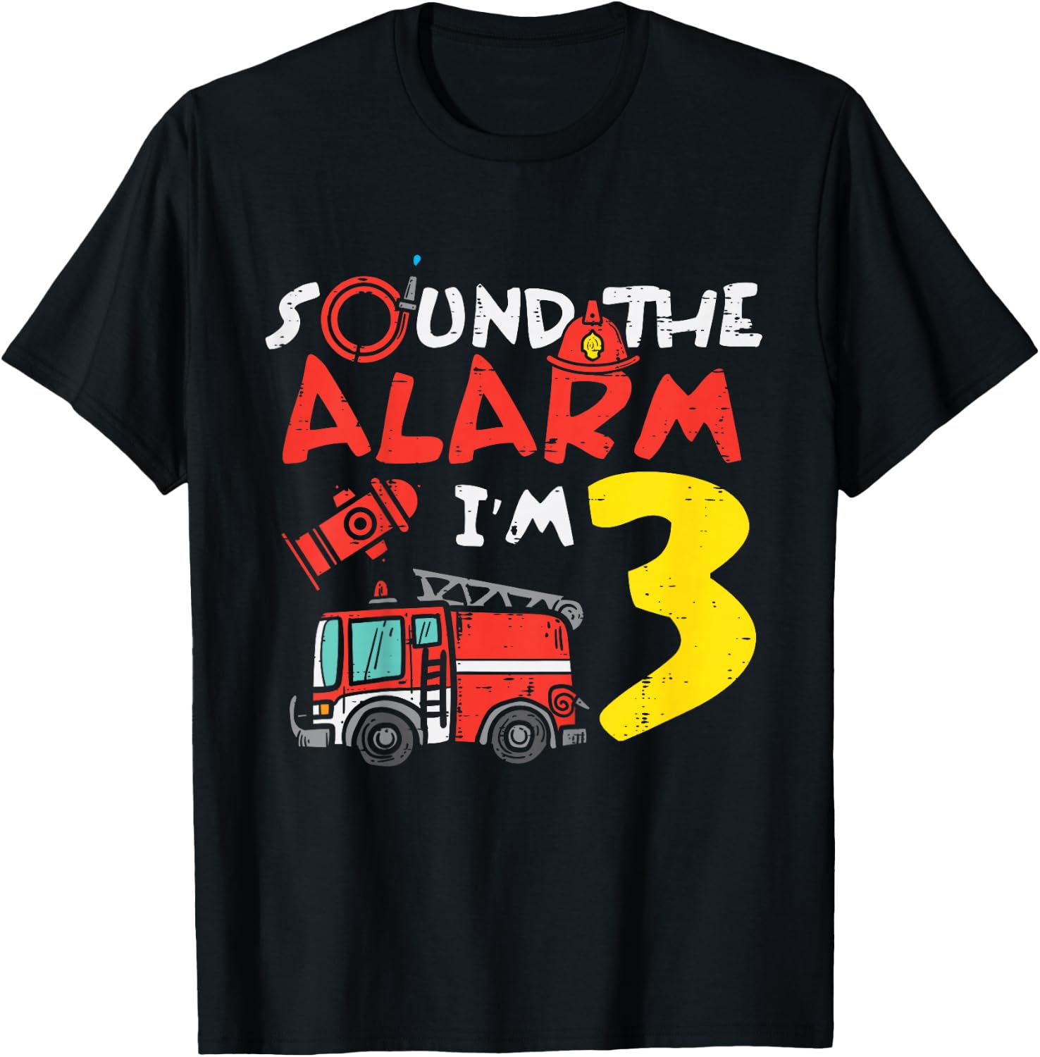 Kids Sound The Alarm Im 3 Fire Engine Truck 3rd Birthday Boys T-Shirt - T-Shirt | Black