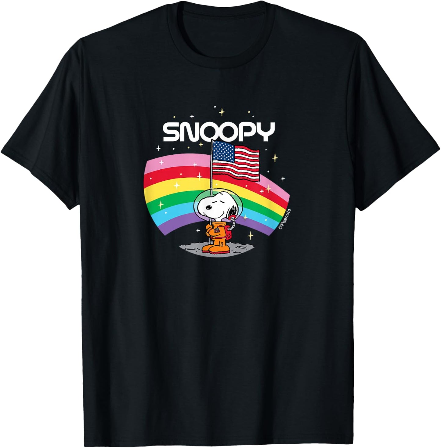 Peanuts - Snoopy Rainbow Space Beagle Badge with USA Flag T-Shirt - T-Shirt | Black