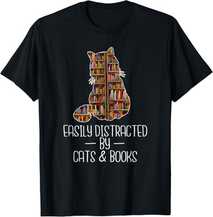 Easily Distracted by Cats & Books Lover Book Nerd Librarian T-Shirt - T-Shirt | Black