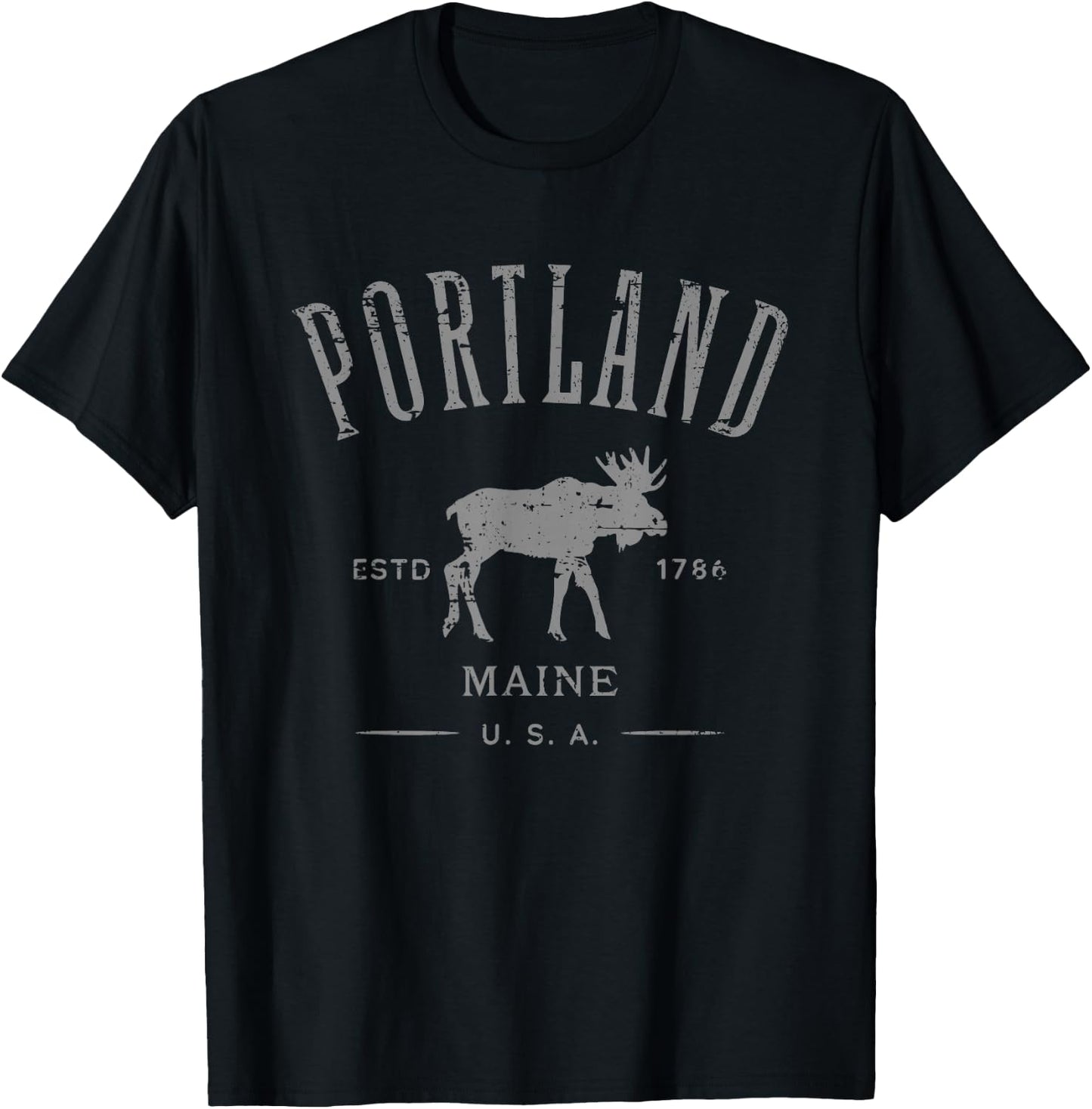 Portland Maine USA with Moose Distressed Design Souvenir T-Shirt - T-Shirt | Black