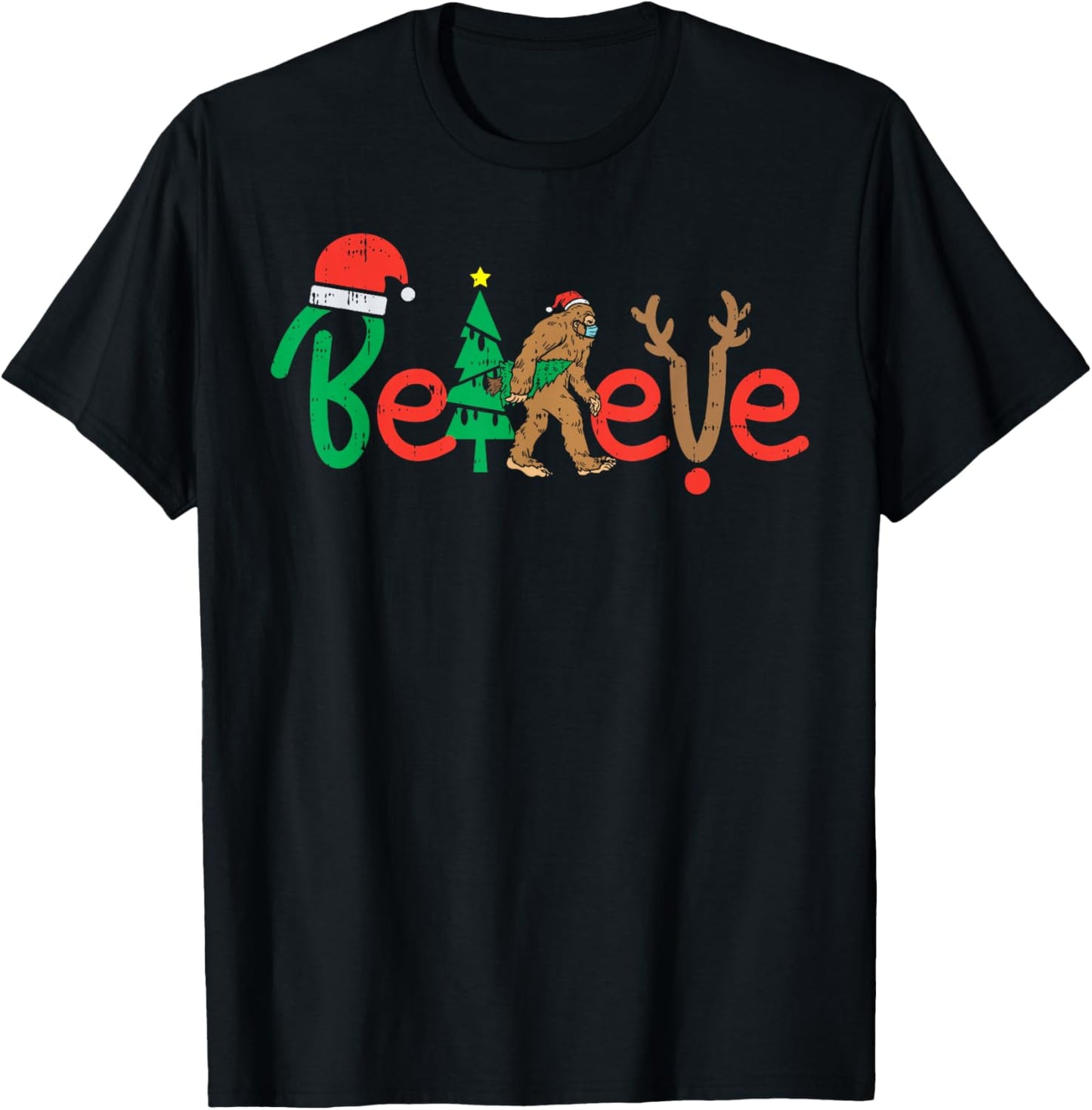 Believe Bigfoot Sasquatch In Mask Christmas Quarantine Gift T-Shirt - T-Shirt | Black