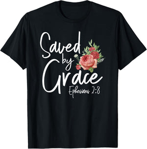Christian Bible Verse Quote Rose Flower Ephesians 2:8 T-Shirt - T-Shirt | Black