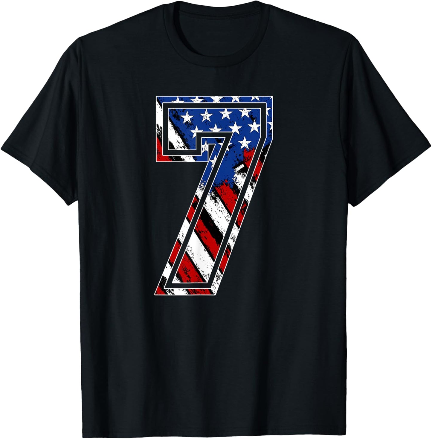 Number 7 Red White and Blue American Flag #7 Jersey Shirt T-Shirt - T-Shirt | Black