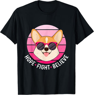 Hope Fight Believe Breast Cancer Survivor Pink Dog Corgi T-Shirt - T-Shirt | Black