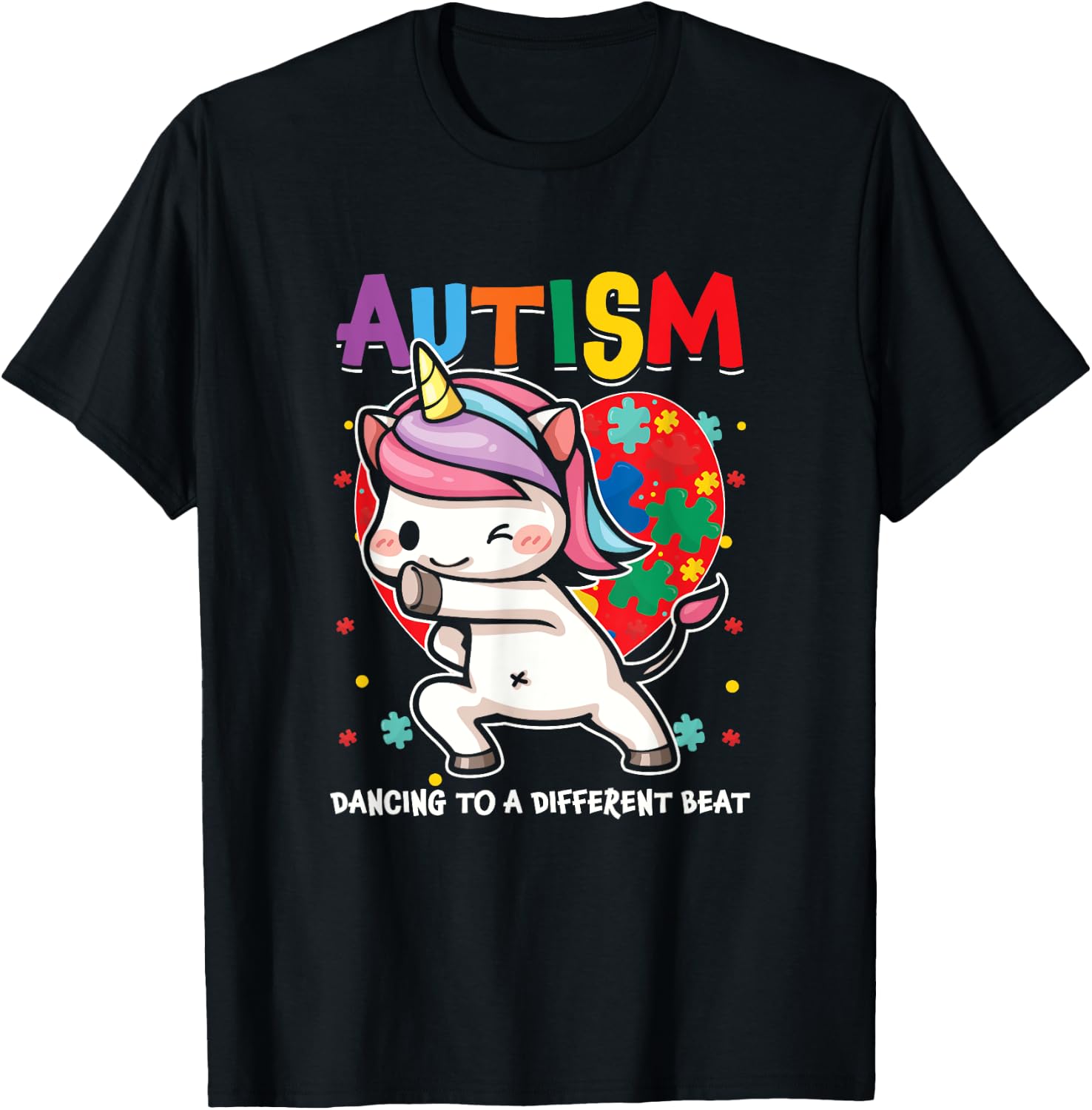 Autistic Unicorn Autism Awareness Heart Ribbon Puzzle Health T-Shirt - T-Shirt | Black