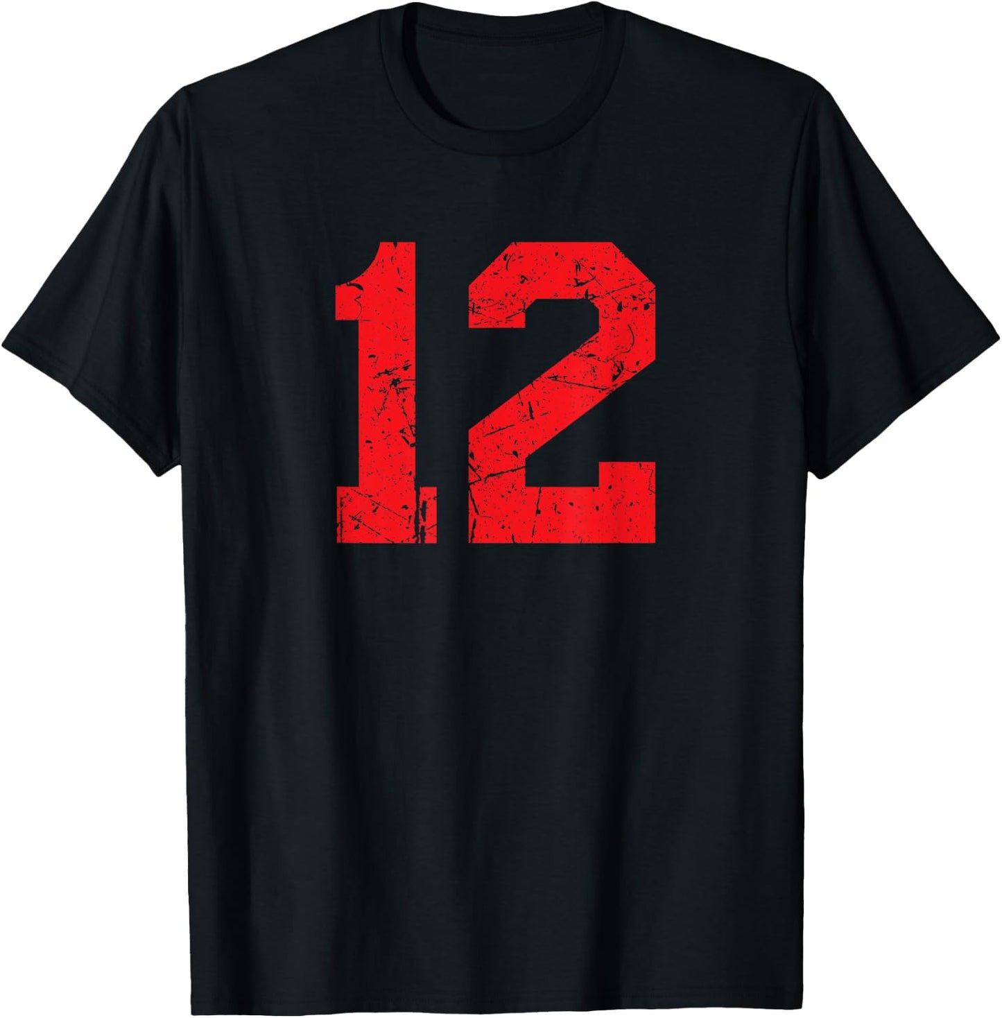 Number #12 Red Distressed Sports Team T-Shirt - T-Shirt | Black