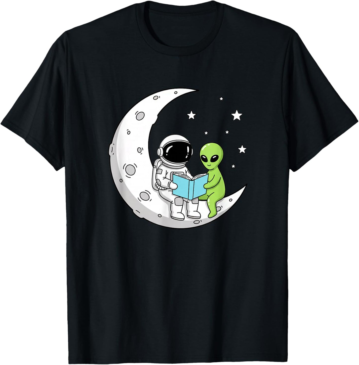 Astronaut and Alien Reading On Moon Space Book Lover Sci Fi T-Shirt - T-Shirt | Black