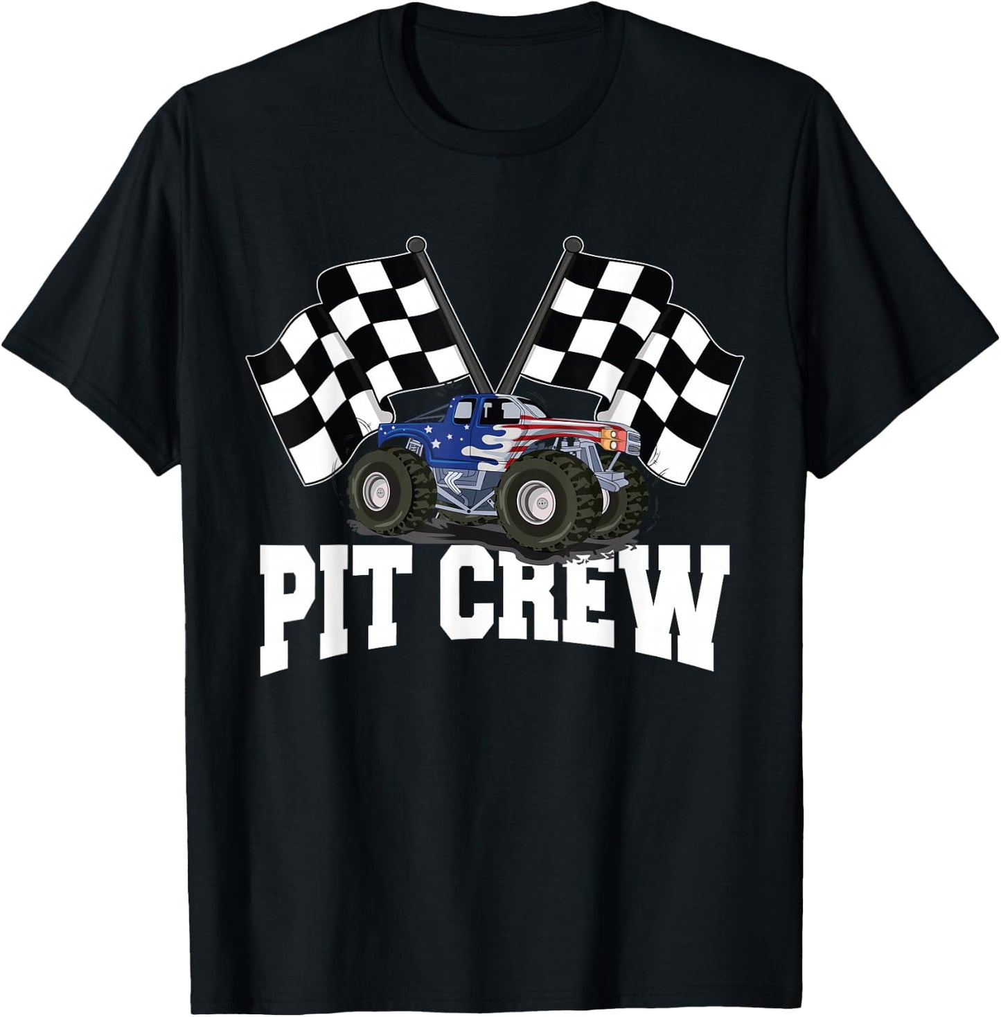 Pit Crew USA Monster Truck Racing Party And Checked Flag T-Shirt - T-Shirt | Black