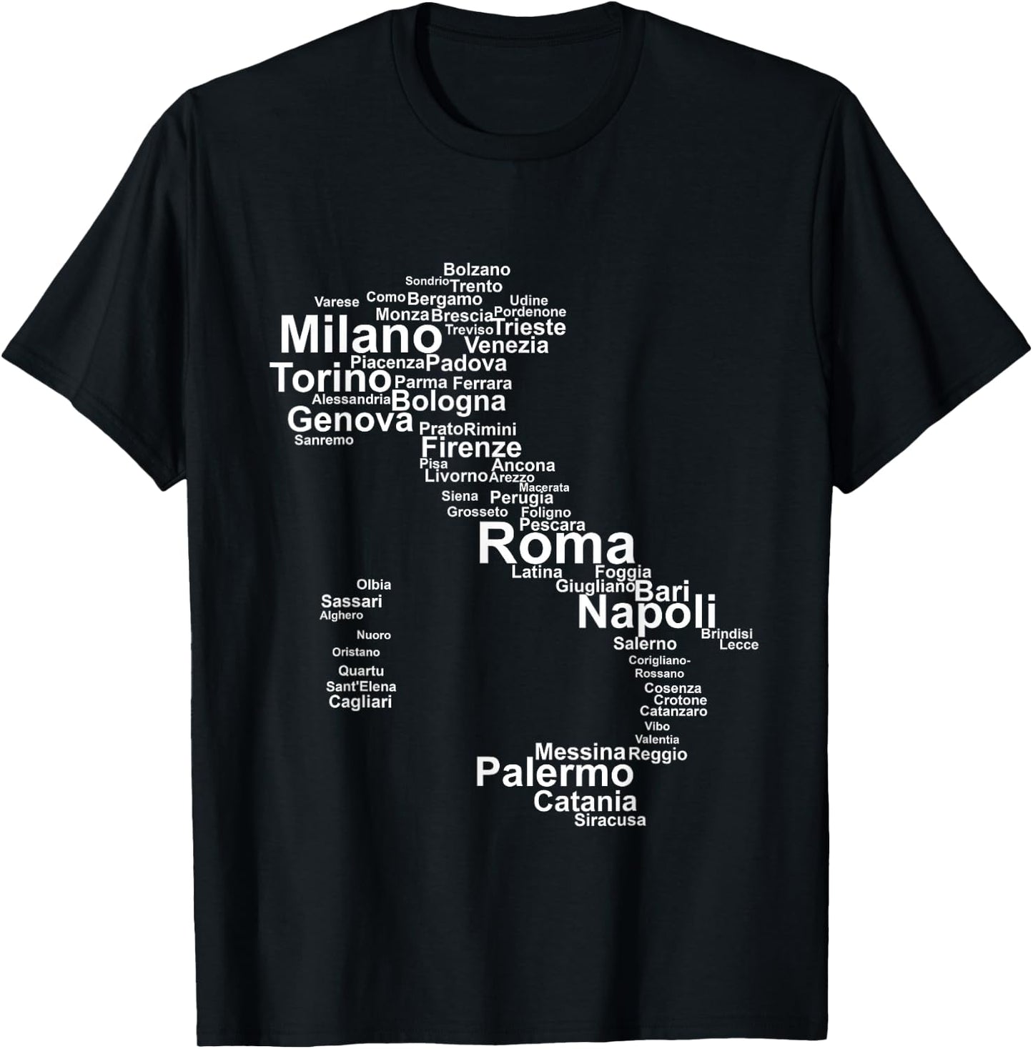 Italy Map Silhouette Towns Cities Rome Milan Travel Europe T-Shirt - T-Shirt | Black