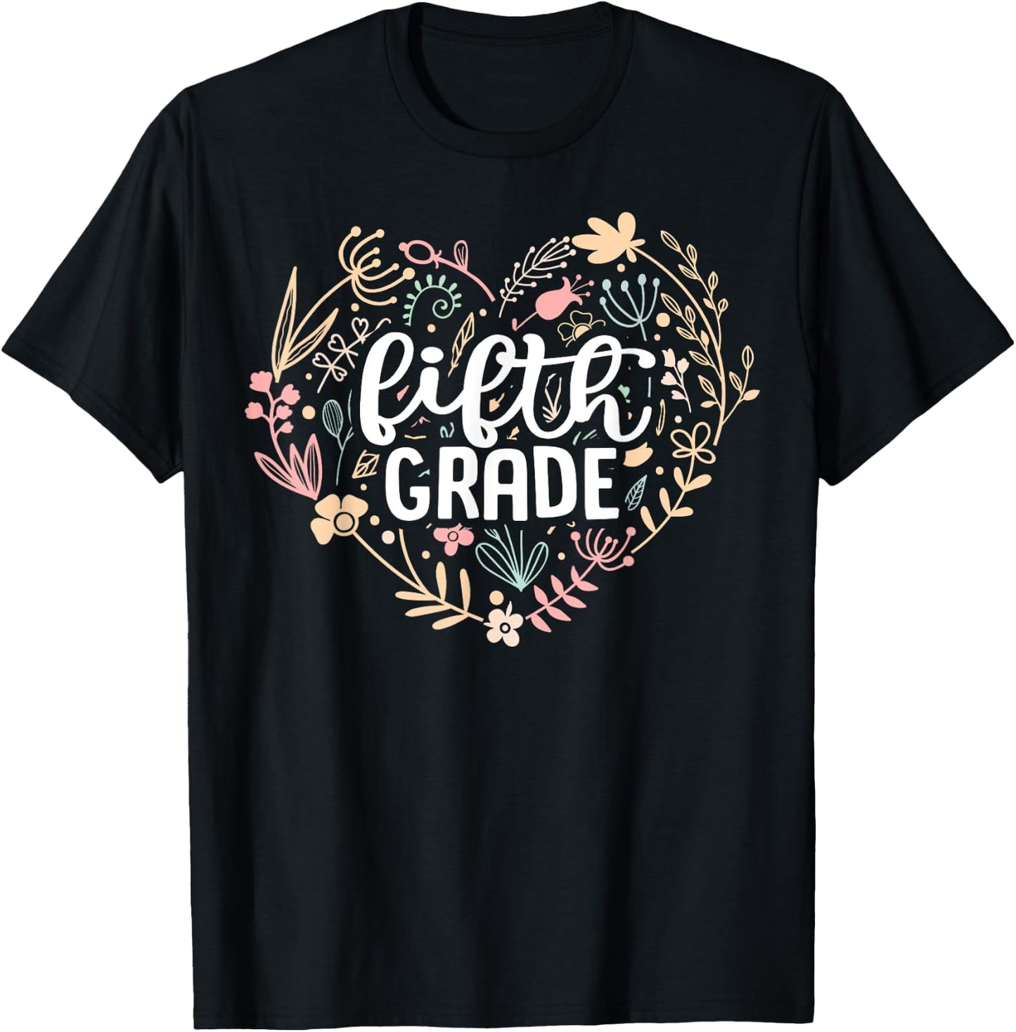 5th Fifth Grade Floral Heart Back To School Teacher Girls T-Shirt - T-Shirt | Black