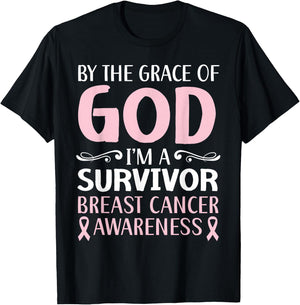 By The Grace Of God I'm A Survivor Breast Cancer Awareness T-Shirt - T-Shirt | Black