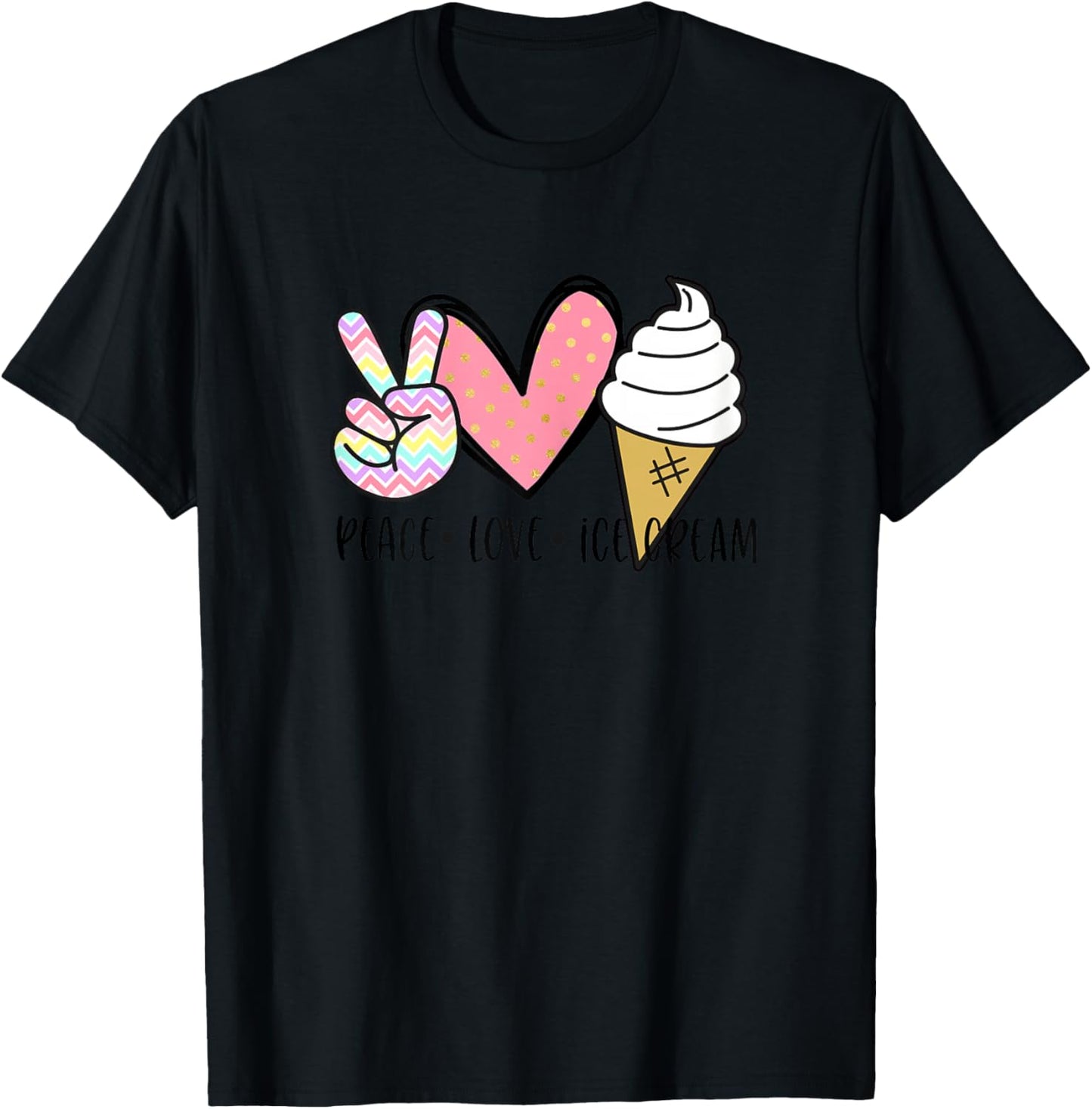 Peace Love Ice Cream Cute for Girls Teens Women Summer T-Shirt - T-Shirt | Black