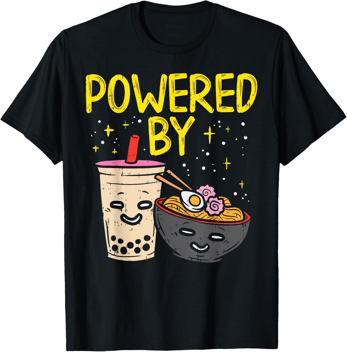 Powered By Ramen Bubble Tea Cute Japanese Noodle Foodie Gift T-Shirt - T-Shirt | Black