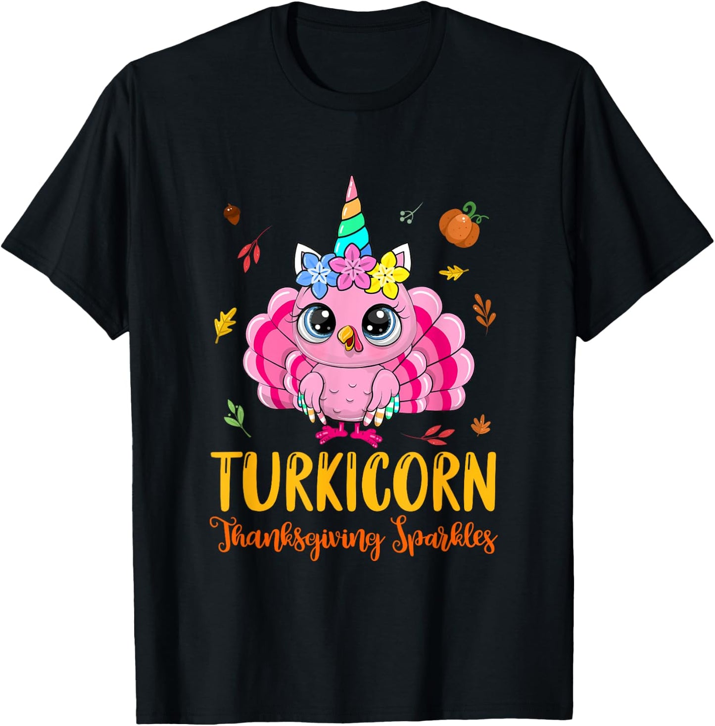 Cute Unicorn Turkey Funny Thanksgiving Turkicorn Girl Kids T-Shirt - T-Shirt | Black