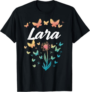 Lara Birthday Sister Butterfly Dandelion Name Lara T-Shirt - T-Shirt | Black