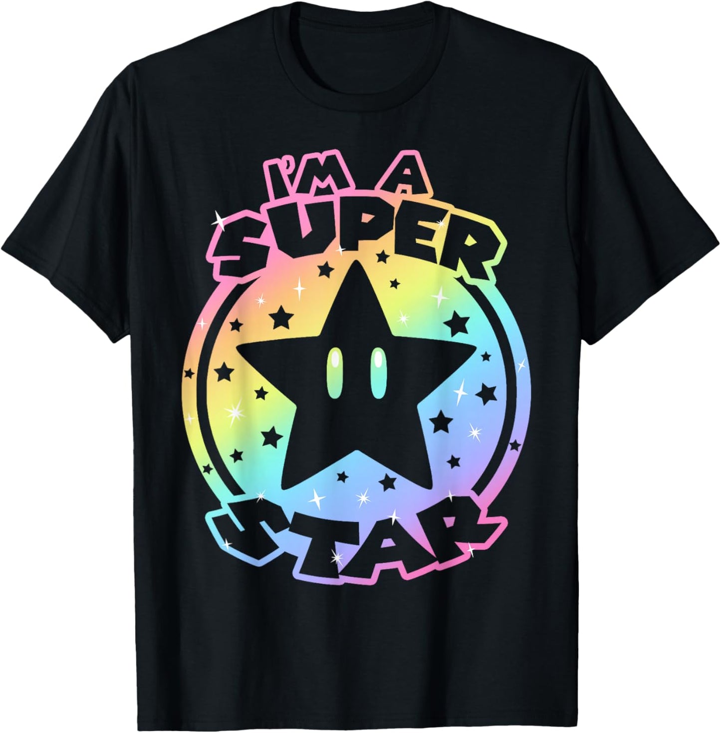 Super Mario World I'm A Super Star Neon Rainbow Fade Logo T-Shirt - T-Shirt | Black