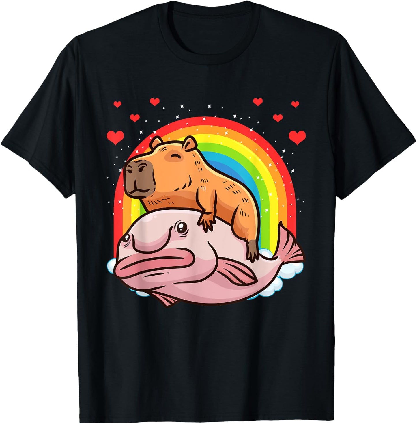 Capybara Giant Cavy Rodent With Rainbow Hearts Blobfish T-Shirt - T-Shirt | Black