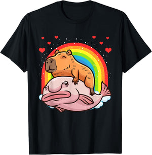 Capybara Giant Cavy Rodent With Rainbow Hearts Blobfish T-Shirt - T-Shirt | Black