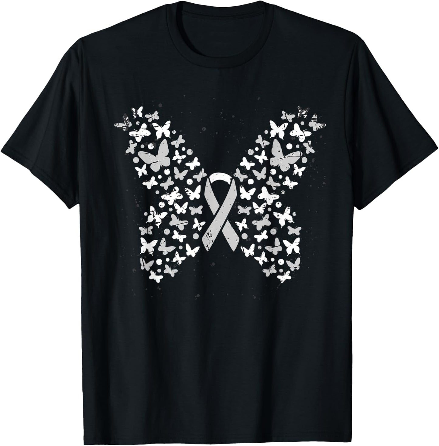 White Ribbon Cancer Warrior Butterfly Lung Cancer Awareness T-Shirt - T-Shirt | Black