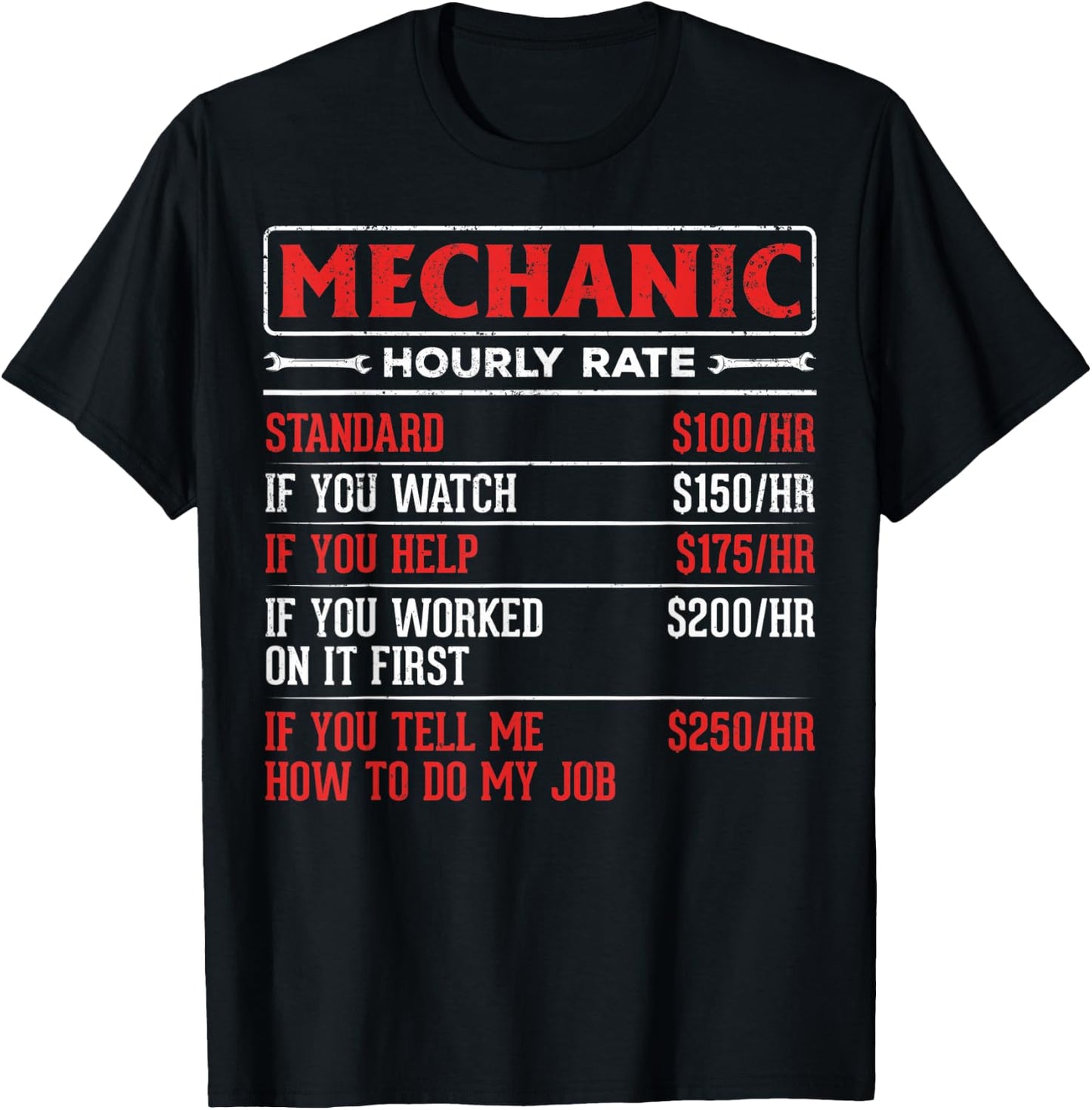 Garage Mechanics Rate Mechanic Hourly Rate Auto Mechanics T-Shirt - T-Shirt | Black