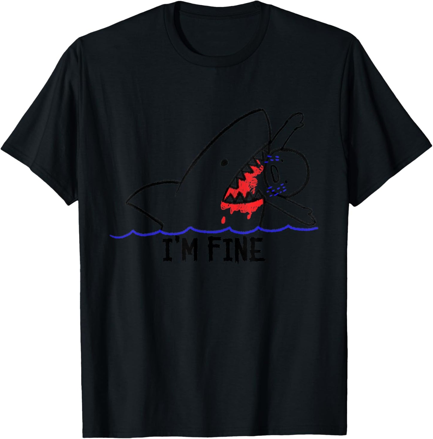 I'm Fine Shark Attack Bloody Funny Man Eating Stick Person T-Shirt - T-Shirt | Black
