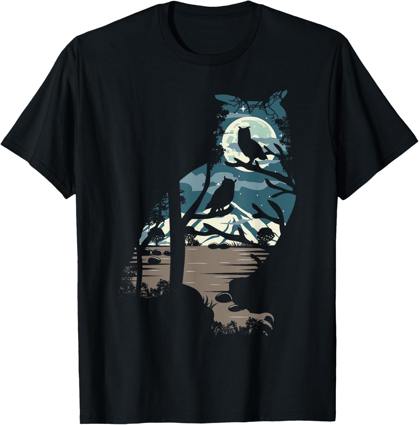 Nature Moon Mountain Tree at Night - Owl T-Shirt - T-Shirt | Black