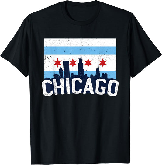 Chicago Skyline City Flag Illinois Souvenir Gift T-Shirt - T-Shirt | Black
