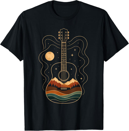 Acoustic Guitar Mountain Moon Nature Music T-Shirt - T-Shirt | Black